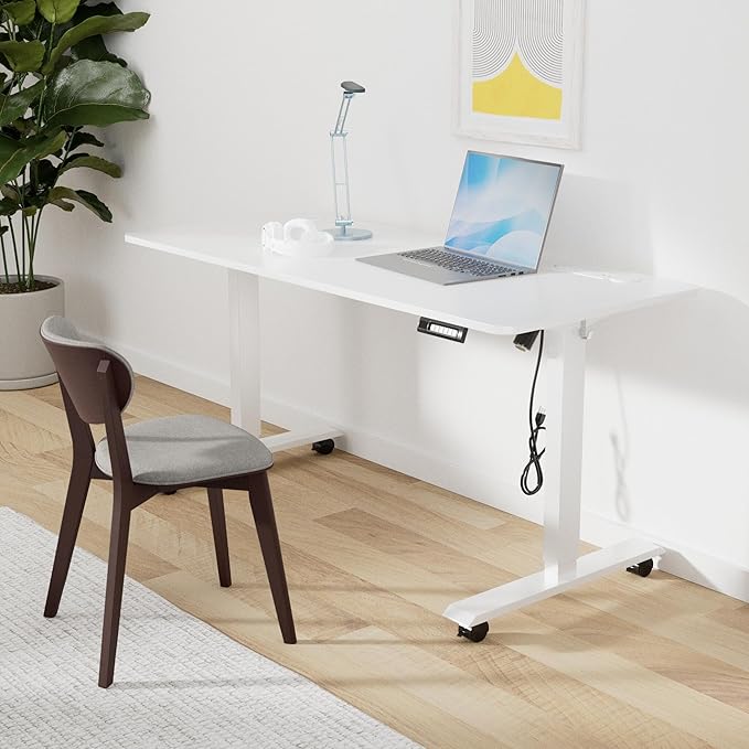 Electric Standing Desk 55 x 24 Inches Adjustable Height Sit Stand Up Desk for Home Office Computer Workstation with 2 USB Ports 3 AC Power Outlets Memory Preset and Wheels, White
