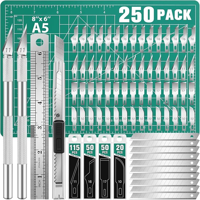 DIYSELF 250 Pcs Exacto Knife, Craft Knife, Hobby Knife, Precision Knife, Exacto Knife for Crafts, Modeling, Scrapbooking, 2 Exacto Knives with Extra 235 Exacto Blades (#11#10#16#17)