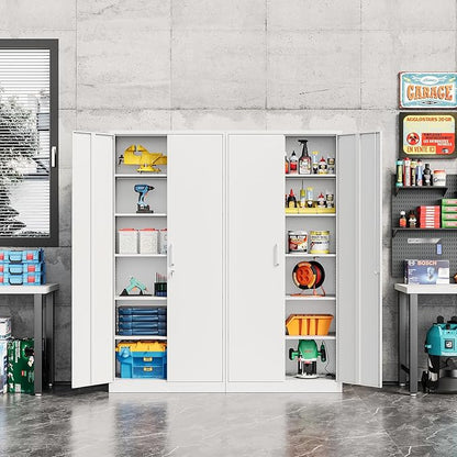 Metal Storage Cabinet-72” Tall Steel File Cabinets with Lockable Doors and 5 Adjustable Shelves-White Steel Storage Cabinet for Home, School, Office, Garage