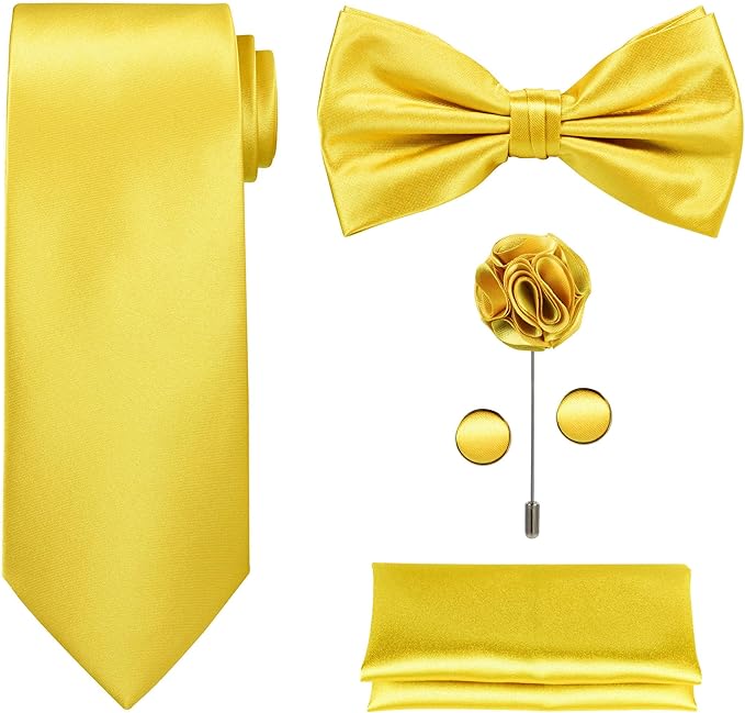 TIE G 5pcs Tie Set in WHITE OR BLACK GIFT BOX: Solid Color Necktie, Satin Bow Tie, Pocket Square, Lapel, Cuff Links
