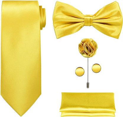 TIE G 5pcs Tie Set in WHITE OR BLACK GIFT BOX: Solid Color Necktie, Satin Bow Tie, Pocket Square, Lapel, Cuff Links