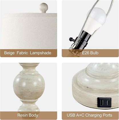 Farmhouse Lamp for Bedroom Set of 2, Rustic Table Lamp with Dual USB Charging Ports, 28" Tall Table Lamps with Linen Shade for Living Room, Bulb Not Included