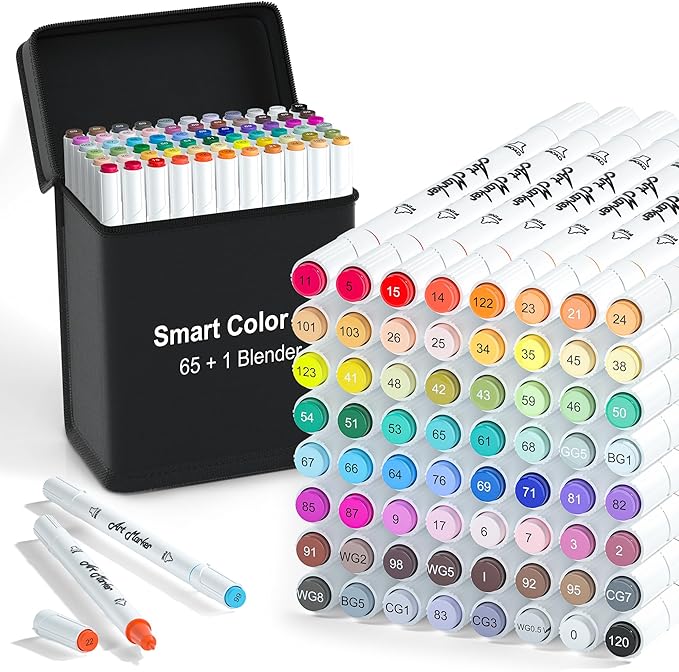 ChicRosa Art Markers, 65 Coloring Markers and 1 Blender, 66 Pack Alcohol Based Dual Tip Permanent Markers Highlighters with Case, Excellent for Adults Kids Coloring Marking Drawing Sketching (Black)