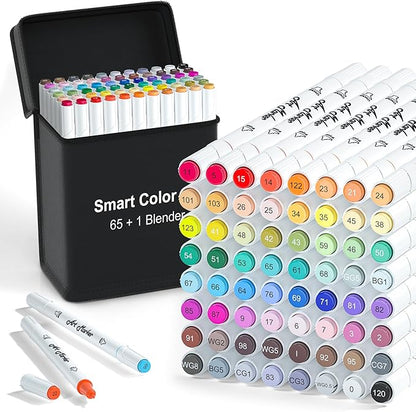 ChicRosa Art Markers, 65 Coloring Markers and 1 Blender, 66 Pack Alcohol Based Dual Tip Permanent Markers Highlighters with Case, Excellent for Adults Kids Coloring Marking Drawing Sketching (Black)