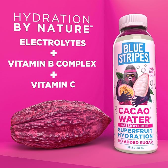 Blue Stripes Cacao Water (Passion Fruit) - All-Natural, No Sugar Added, Superfruit Hydration - Electrolytes & Antioxidants | Vitamin C & B | No Artificial Ingredients | (12 Pack)