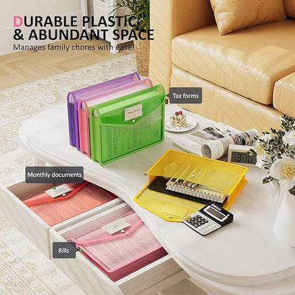 ThinkTex Plastic Expanding File Folder, Transparent Envelopes with Snap Closure,Suitable for Home, Office, School and Hospital, Large Capacity，No Dividers, Dopamine-5-Color, Fit Letter/A4 Size-5 Pcs