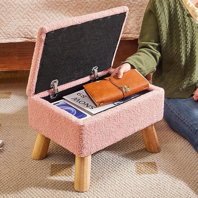 YMYNY Storage Ottoman, Footstool, Small Foot Stool with Sturdy Wood Legs Stool, Foot Rest with Padded Seat, for Living Room Bedroom Couch Enterway 15.75''D×11.81" W×11.02" H Pink UHBD042P