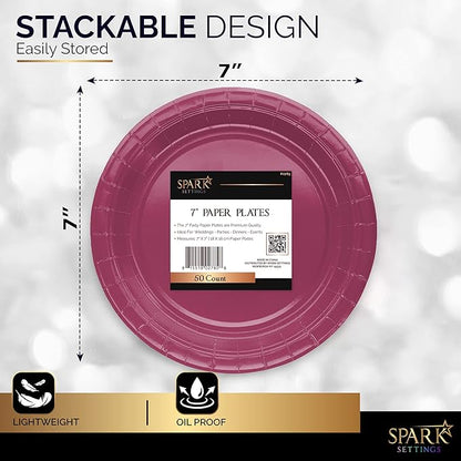 Burgundy Paper Dessert Plates, 6 3/4 Inches, Strong and Sturdy for Party, Dinner, Holiday, Picnic, Travel - Pack of 50