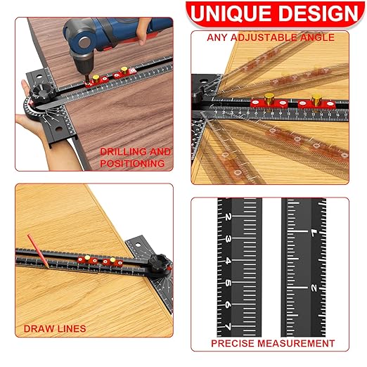 Woodworking T Square Ruler, 13.5 Inch Adjustable Angle 15-165° Measurement Tool, Aluminum Alloy, Precision Drilling Positioning Guide for Carpentry, Drafting, Contractor, Scribe Crafting, Drywall