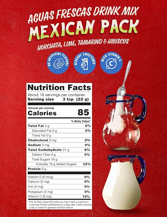 Klass Aguas Frescas, Drink Mix Mexican Variety Pack: Horchata Limeade Hibiscus & Tamarind Drinks | Flavors From Natural Sources With Vitamin C (Makes 7 to 9 Quarts) 14.1 Oz Family Pack (4-Pack)