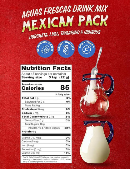 Klass Aguas Frescas, Drink Mix Mexican Variety Pack: Horchata Limeade Hibiscus & Tamarind Drinks | Flavors From Natural Sources With Vitamin C (Makes 7 to 9 Quarts) 14.1 Oz Family Pack (4-Pack)