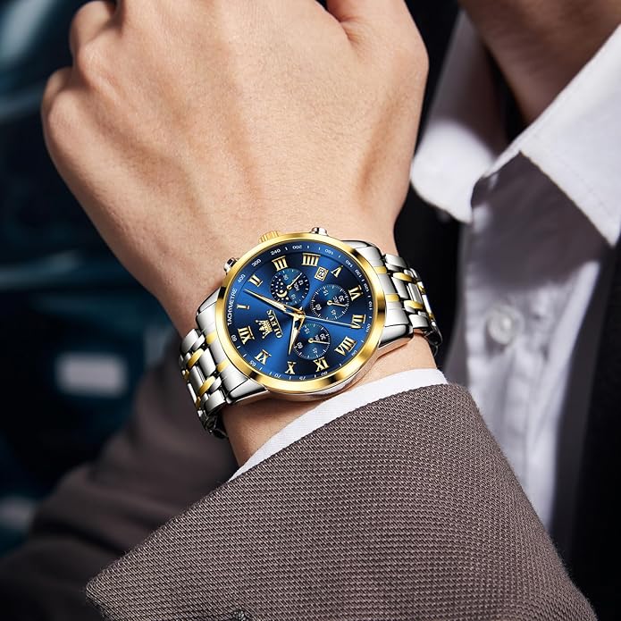 OLEVS Mens Stainless Steel Chronograph Watch, Big Face Roman Numerals Date Analog Quartz Dress Watches for Men, Fashion Multifunctional Waterproof Luminous Hands Men's Wristwatch