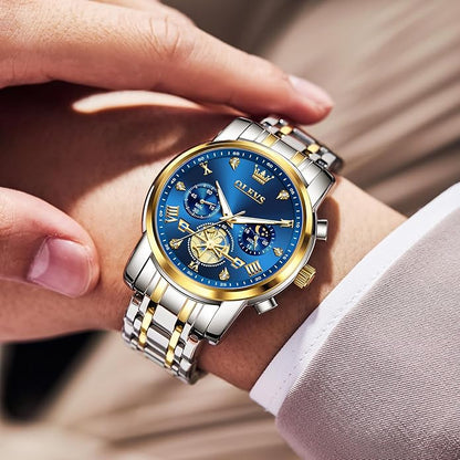 OLEVS Men Watches Stainless Steel Chronograph Watch, Large Wrist Analog Quartz Watch, Fashion Waterproof Diamond Roman Numerals Dress Watches for Men, Gold/Black/White/Blue/Grey Dial