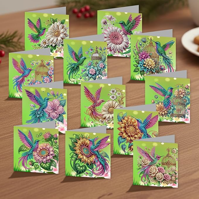 jinglinhh 12pcs Hummingbird Sunflower Diamond Art Painting Greeting Cards with Envelopes, DIY Card Making Kits for Adults, Diamond Art Christmas Cards for Birthday Holiday Postcards Craft Gifts
