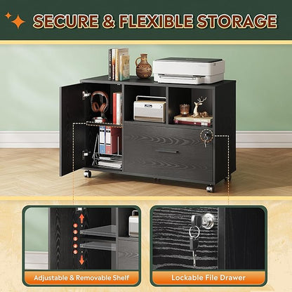 DEVAISE Office File Cabinet with Lock, 1-Drawer Wood Lateral Filing Cabinet on Wheels, Printer Stand with Open Storage Shelves for Home Office, Black