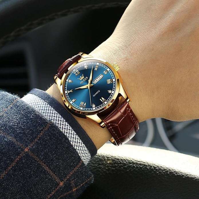 Men's Casual Leather Watch, Easy to Read Three-Hand Analog Stainless Steel Watches for Men, Minimalist Day Date Waterproof Luminous Mens Quartz Wristwatch