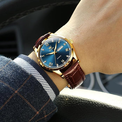 Men's Casual Leather Watch, Easy to Read Three-Hand Analog Stainless Steel Watches for Men, Minimalist Day Date Waterproof Luminous Mens Quartz Wristwatch