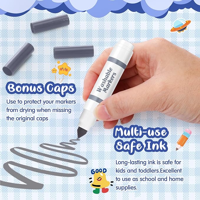 Janlaugh 30 Pcs Mini Washable Markers Bulk Broad Line Conical Tip Washable Mark Pen Set Short Coloring Paint Pen for Kid Art Projects Teacher Student Toddler Party Favors Classroom, Ages 6+(Gray)