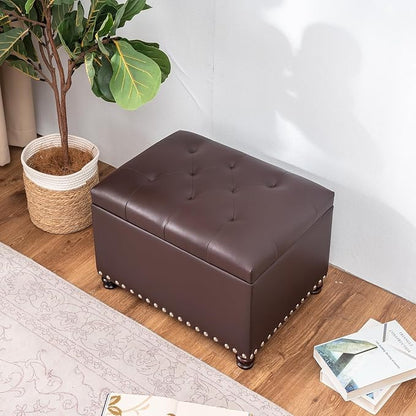 Adeco Bonded Leather Square Tufted Storage Footstool, 18" ottoman, Dark Brown