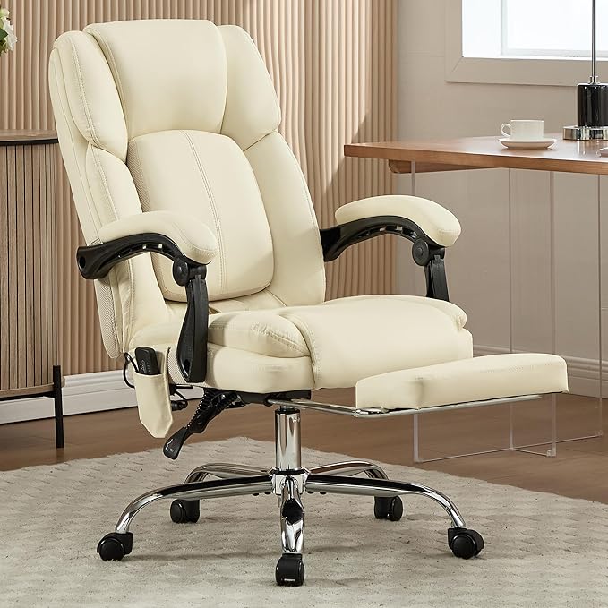 4 Points Massage Office Chair with Footrest 500lbs,Reclining Executive Desk Chair with Vibration Heat for Heavy People,Lumbar Support PU Leather,Adjustable Height Ergonomic (Beige)