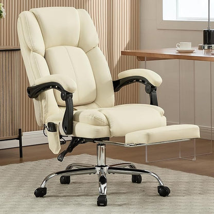 4 Points Massage Office Chair with Footrest 500lbs,Reclining Executive Desk Chair with Vibration Heat for Heavy People,Lumbar Support PU Leather,Adjustable Height Ergonomic (Beige)