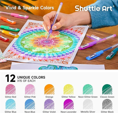 Shuttle Art Gel Pens, 180 Pack Gel Pens Set, 12 Assorted Colors Bulk Classroom Pack for Adults Coloring Books Drawing Doodling Crafts Journaling