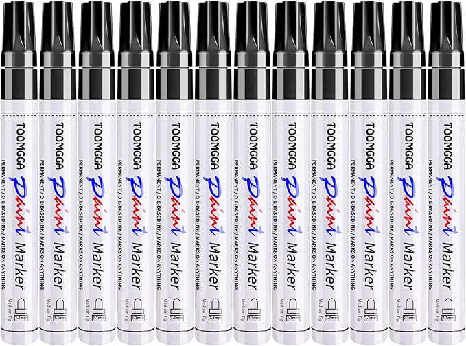 Black Paint Pens Permanent Paint Markers - 12 Pack Oil Based Marking Pens, Medium Point, Quick Drying and Waterproof for Rock Painting Car Tyre Metal, Plastic, Canvas, Wood
