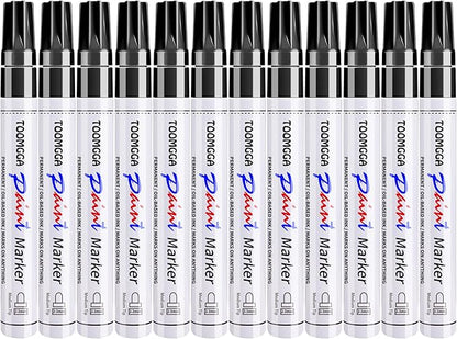Black Paint Pens Permanent Paint Markers - 12 Pack Oil Based Marking Pens, Medium Point, Quick Drying and Waterproof for Rock Painting Car Tyre Metal, Plastic, Canvas, Wood