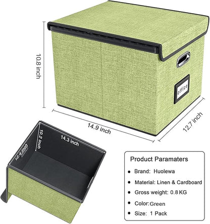 Huolewa Decorative File Organizer Storage Box with Lid, Linen Hanging Filing & Storage Box with Plastic Slide for Office/Decor/Home, Universal Hanging Filing Organization Box for Letter/Legal Folder