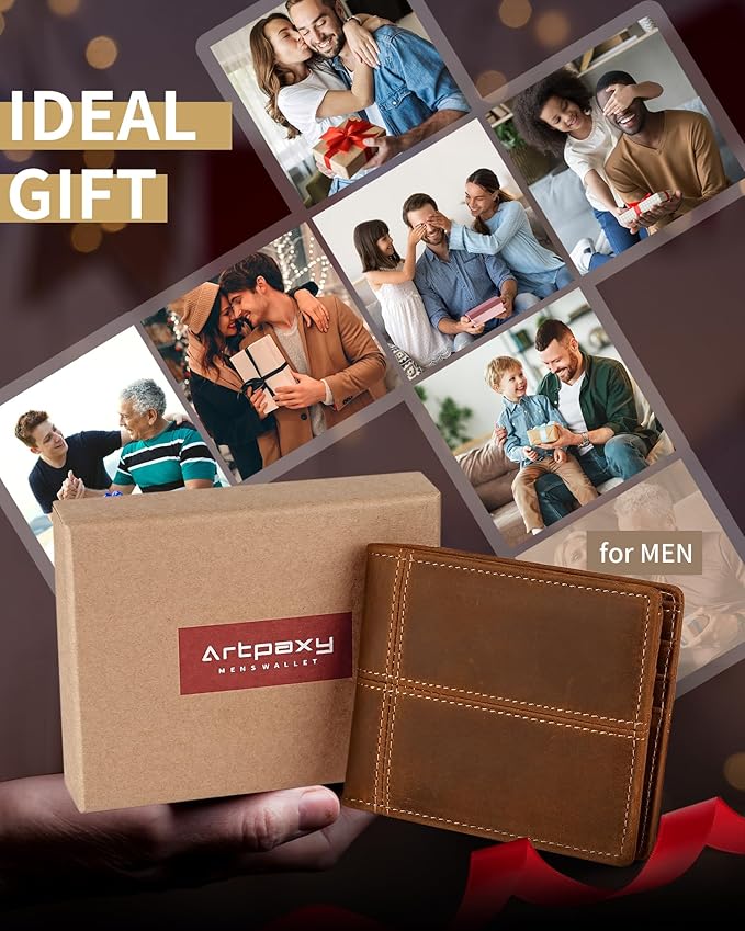 Mens Wallet Bifold Genuine Leather RFID Blocking Wallet for Men with 1 ID Window 13 Card Holders 2 cash pockets 1 Gift Box