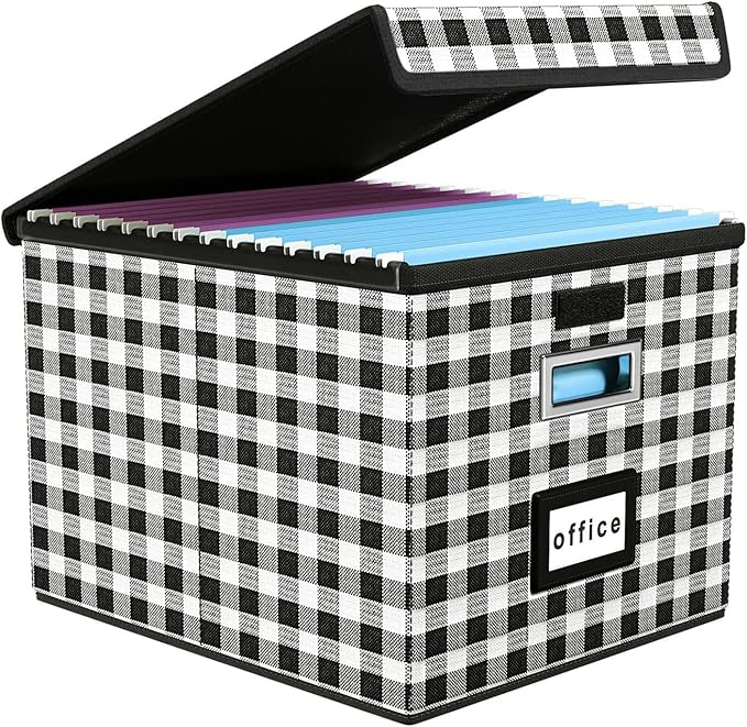 Huolewa Collapsible File Storage Organizer Box with Lid, Lattice Linen Office Document Storage, Universal Hanging Filing Organization Box for Letter/Legal Folder, Decorative Home File Bin