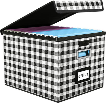 Huolewa Collapsible File Storage Organizer Box with Lid, Lattice Linen Office Document Storage, Universal Hanging Filing Organization Box for Letter/Legal Folder, Decorative Home File Bin