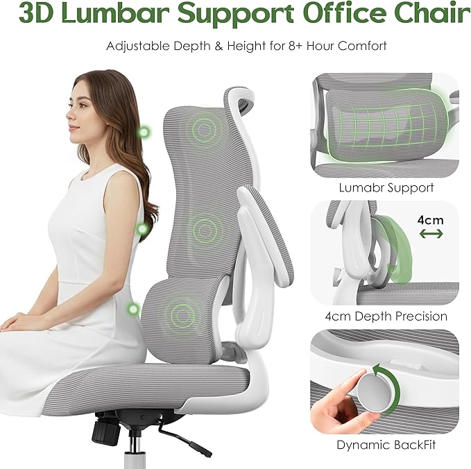 Office Chair Ergonomic Desk Chair - Comfy Mesh High Back Office Chair with Lumbar Support Wheels Home Desk Office Chairs Flip up Armrest Executive Rolling Swivel Task Work Computer Chair Grey