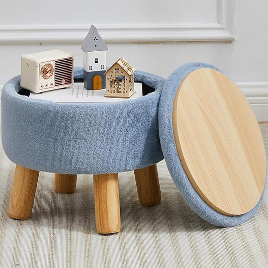 Small Foot Stool Ottoman with Storage, Faux Fur Ottoman Foot Rest for Couch, Round Footstool with Storage, Small Ottomans and Footstools for Living Room and Entryway (Light Blue)