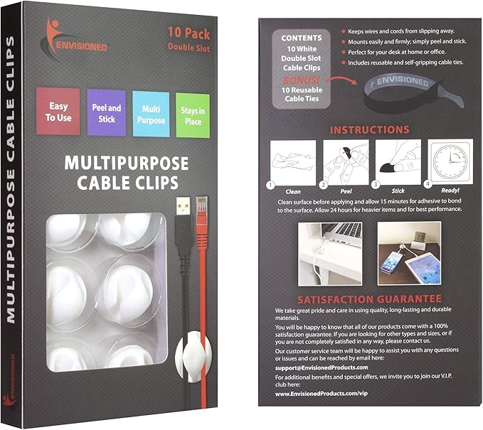 ENVISIONED Cable Clips with 3M Self Adhesive, Cord Organizer - 10 Pack White (2 Slots) for Home, Office or Nightstand