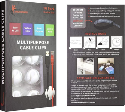 ENVISIONED Cable Clips with 3M Self Adhesive, Cord Organizer - 10 Pack White (2 Slots) for Home, Office or Nightstand