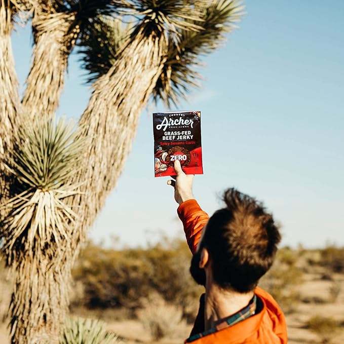 Country Archer Grass Fed Beef Jerky - Zero Sugar Beef Jerky, Sugar Free Beef Jerky Snack Pack, Beef Jerky Bulk, Individual Beef Jerky Packs, Gluten Free, Paleo - Spicy Sesame Garlic, 2 oz (Pack of 6)