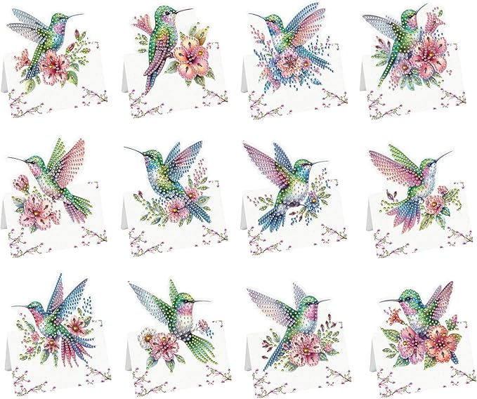 jinglinhh 12pcs Flower Hummingbird Diamond Art Painting Greeting Cards with Envelopes, DIY Card Making Kits for Adults, Diamond Art Christmas Cards for Birthday Holiday Postcards Craft Gifts