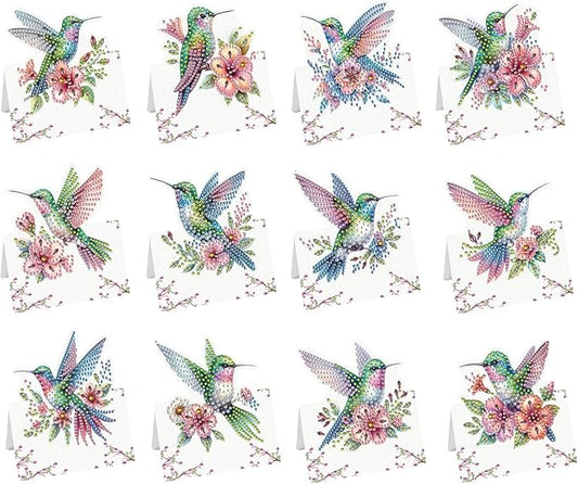 jinglinhh 12pcs Flower Hummingbird Diamond Art Painting Greeting Cards with Envelopes, DIY Card Making Kits for Adults, Diamond Art Christmas Cards for Birthday Holiday Postcards Craft Gifts