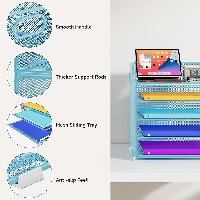 5 Tier Paper Organizer with Handle, Metal Mesh Desk Organizer File Folder Paper Letter Tray Desktop Document Sorter for Classroom, School, Office Accessories Organization and Storage - Blue