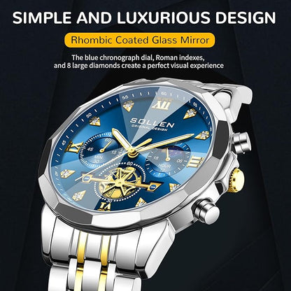 SOLLEN Mens Luxury Watches, Analog Quartz Chronograph Watches for Men, Stainless Steel Watch with Moon Phase, 30M Waterproof Wrist Watch for Men,Business Dress Classic Elegant Work Watch Gifts for Man