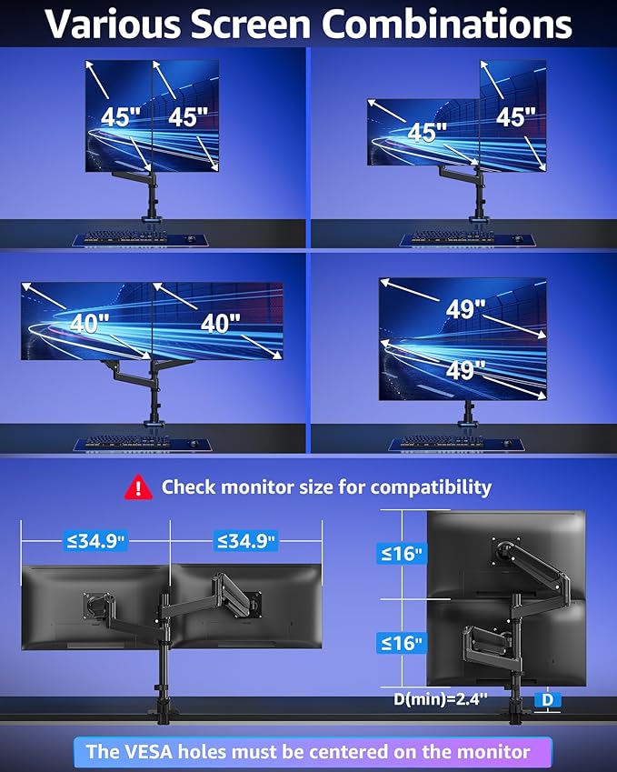 MOUNTUP Dual Monitor Stand Fits 49 45 42 40 39 34 32 Inch Screens, Heavy Duty Dual Monitor Arm Holds 4.4-44 lbs, Vertical Stacked Monitors Mount, Full Motion, Height Adjustable, VESA Mount
