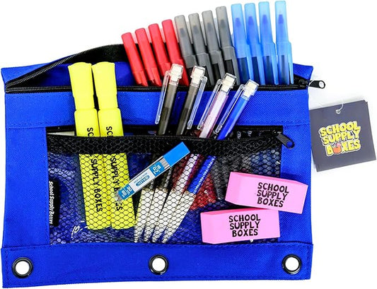 Secondary School Pencil Bag Kit — Pre-Filled Pencil Pouch with Pens, Highlighters & Erasers