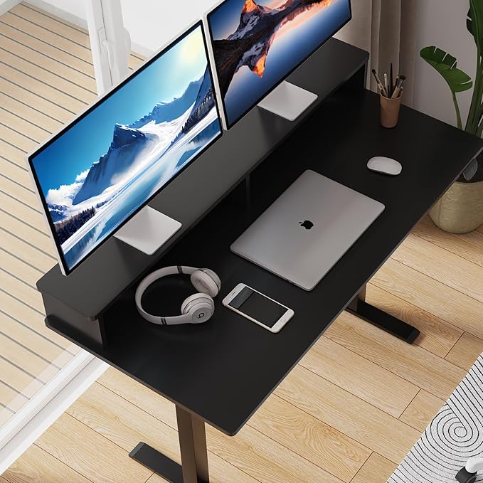 2-Tier Height Adjustable 45" Electric Standing Desk - Upgraded Ultra Durable Home Office Large Rectangular Computer Table or Laptop Sit Stand Workstation - Black