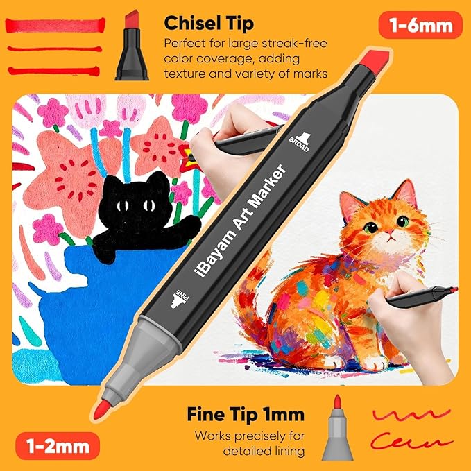 iBayam Alcohol Markers 48 Colors with Case & Holder, Dual Tips Chisel & Fine Art Markers for Adult Coloring Kids Drawing