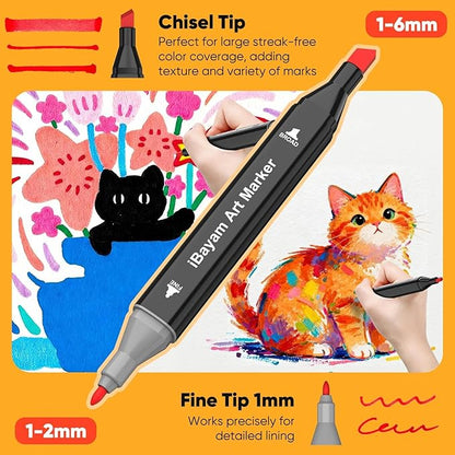 iBayam Alcohol Markers 48 Colors with Case & Holder, Dual Tips Chisel & Fine Art Markers for Adult Coloring Kids Drawing