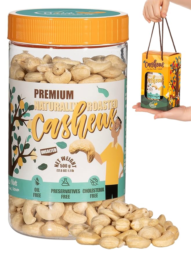 Roasted Unsalted Cashews - Snacks for Adults, Whole Nut (No Mixed), Oil Free Roast, Farm Fresh, Plant Based Protein, Healthy Nuts, Promote Heart Health, Ingredient: Natural Cashew 17.64 oz (Pack of 1)