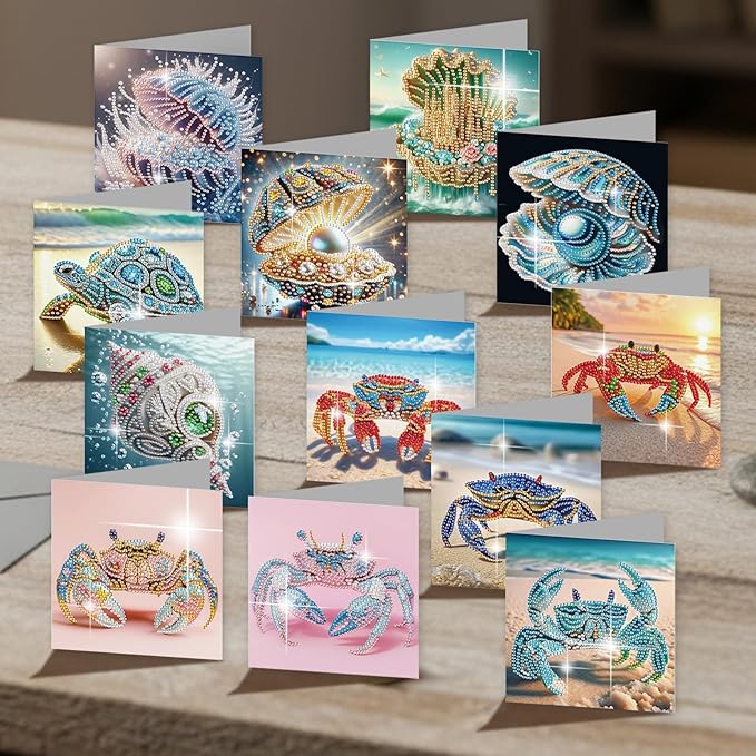 jinglinhh 12pcs Diamond Art Painting Beach Crab Seashell Conch Seaturtle Greeting Cards with Envelopes, DIY Card Making Kits for Adults, Diamond Art Postcards Christmas Cards Craft Gifts