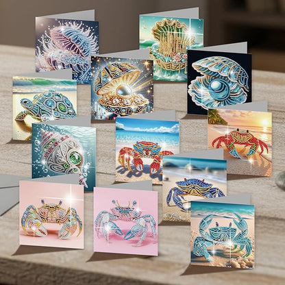 jinglinhh 12pcs Diamond Art Painting Beach Crab Seashell Conch Seaturtle Greeting Cards with Envelopes, DIY Card Making Kits for Adults, Diamond Art Postcards Christmas Cards Craft Gifts