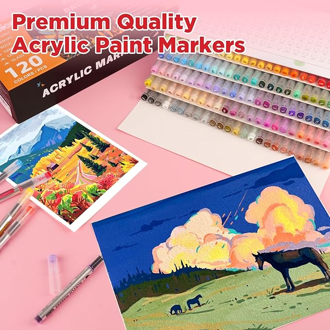 120 Colors Acrylic Paint Markers,Soft Brush Tip Paint Pens with Automatic Ink Control System,Quick Dry Waterproof Acrylic Paint Pens for Pumpkin,Wood,Metal,Fabric,Rock Painting with DIY Crafts